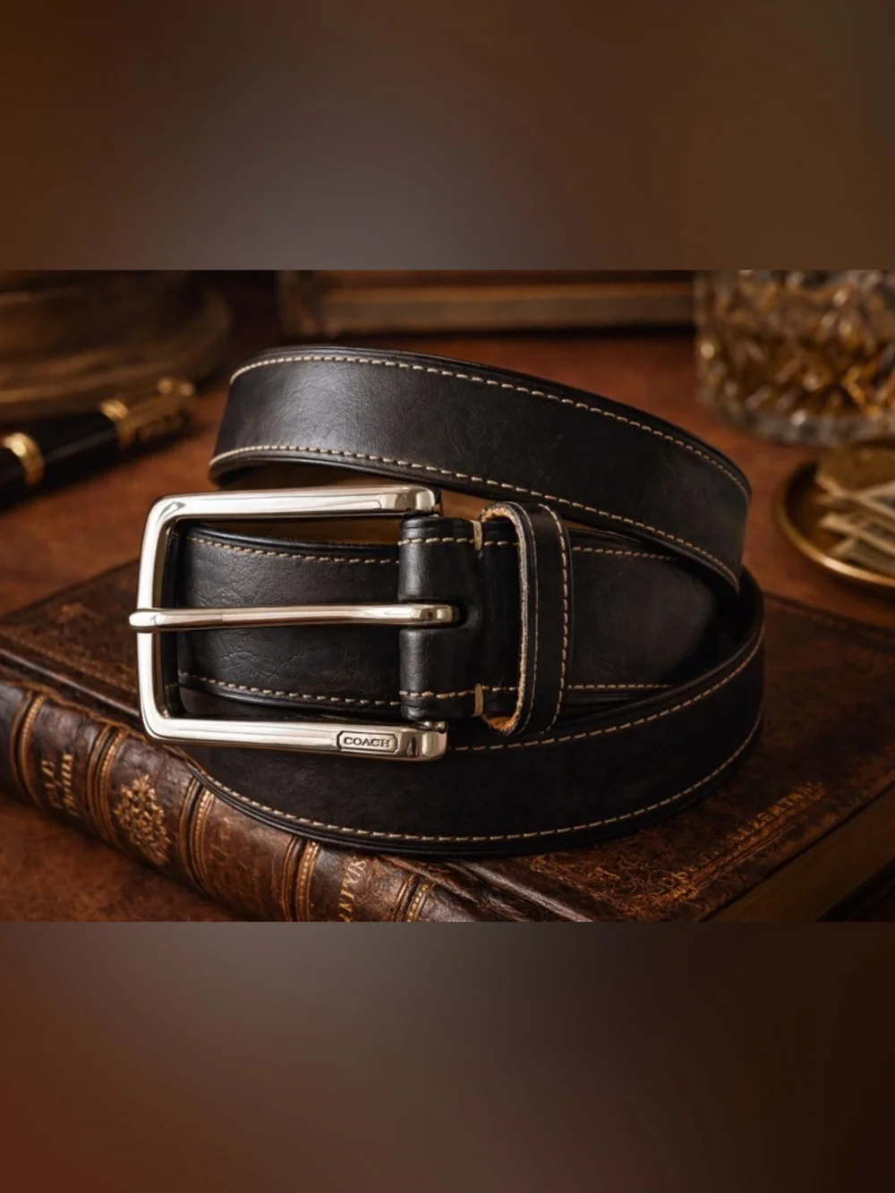 Coach Black Leather Belt Contrast Stitch Silver Buckle 32/80cm Made in India